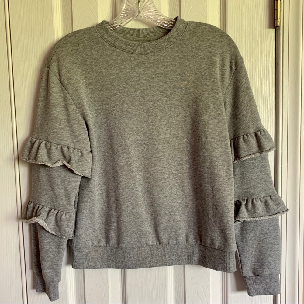Ruffle Sleeve Sweatshirt, Gray, Size XS